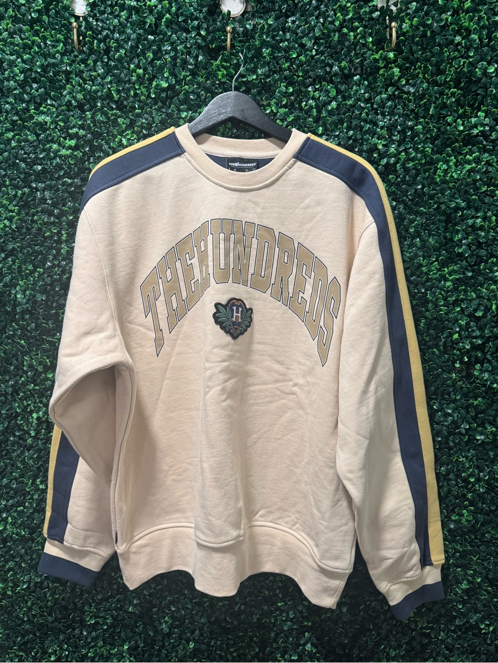 The Hundreds Cream Crewneck Sweatshirt with Navy & Gold Stripes